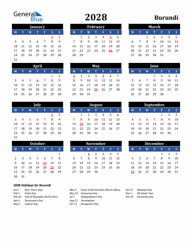 2028 Burundi Holiday Calendar