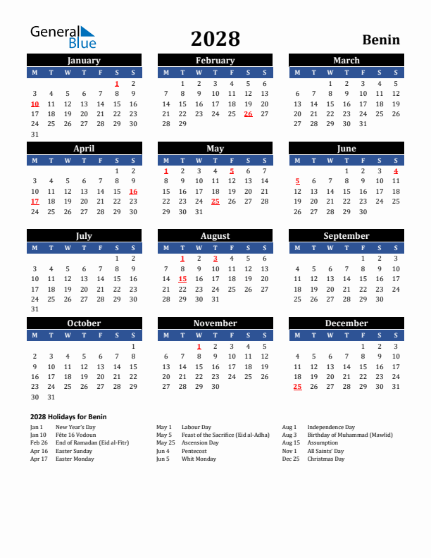 2028 Benin Holiday Calendar