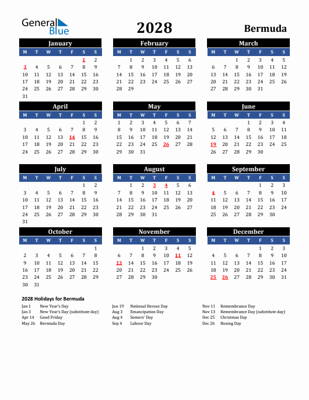 2028 Bermuda Holiday Calendar