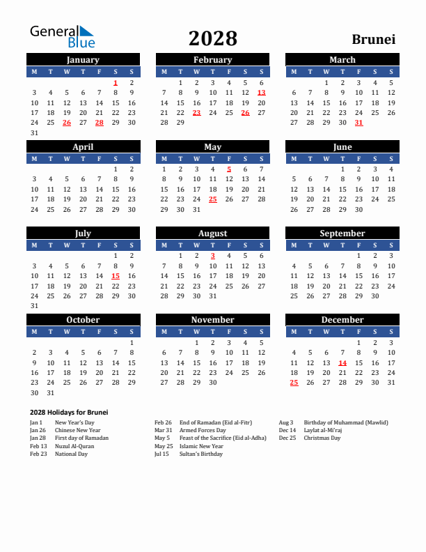 2028 Brunei Holiday Calendar