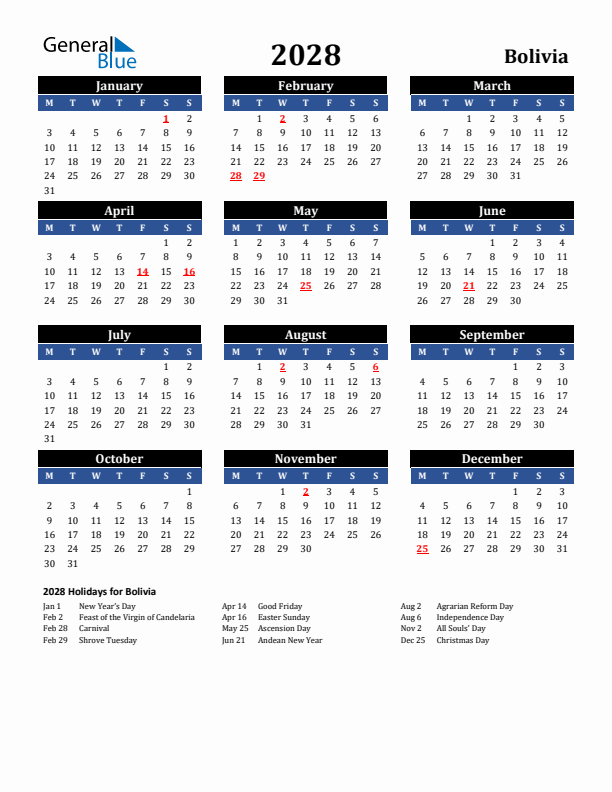 2028 Bolivia Holiday Calendar