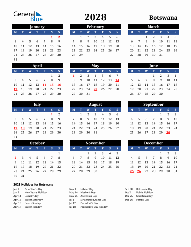 2028 Botswana Holiday Calendar