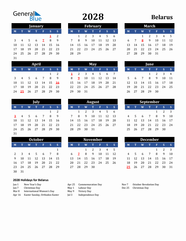 2028 Belarus Holiday Calendar