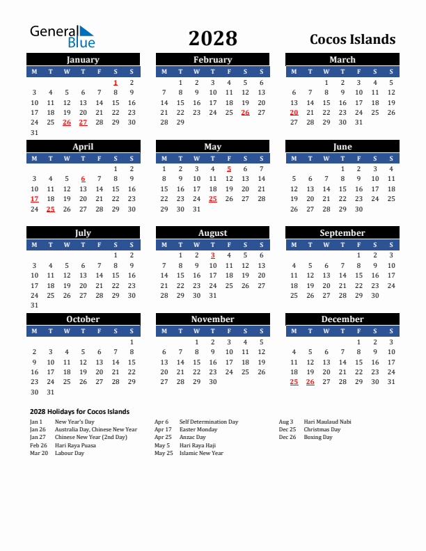 2028 Cocos Islands Holiday Calendar