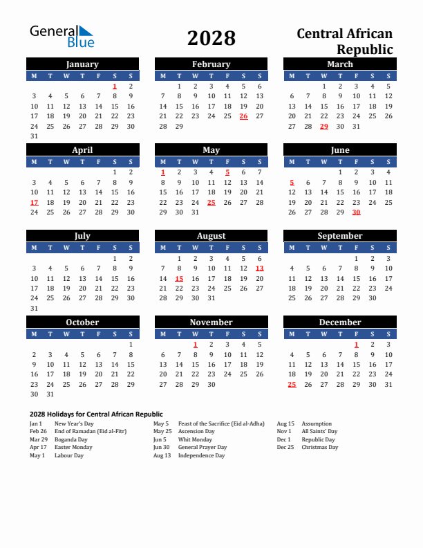 2028 Central African Republic Holiday Calendar