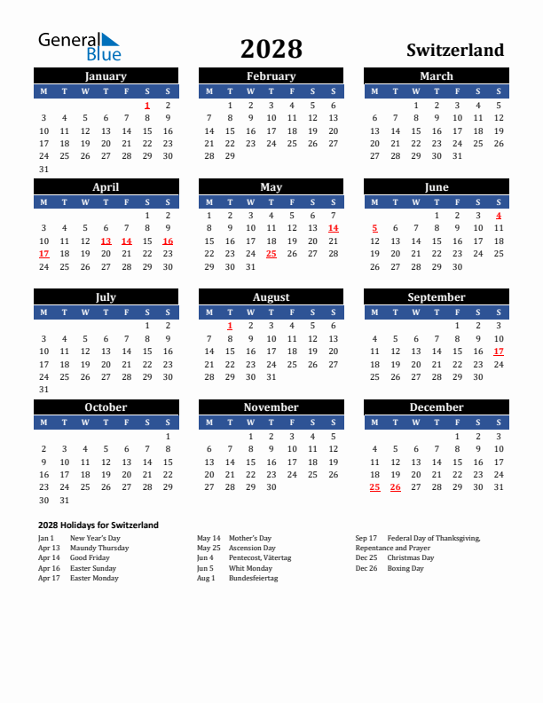 2028 Switzerland Holiday Calendar