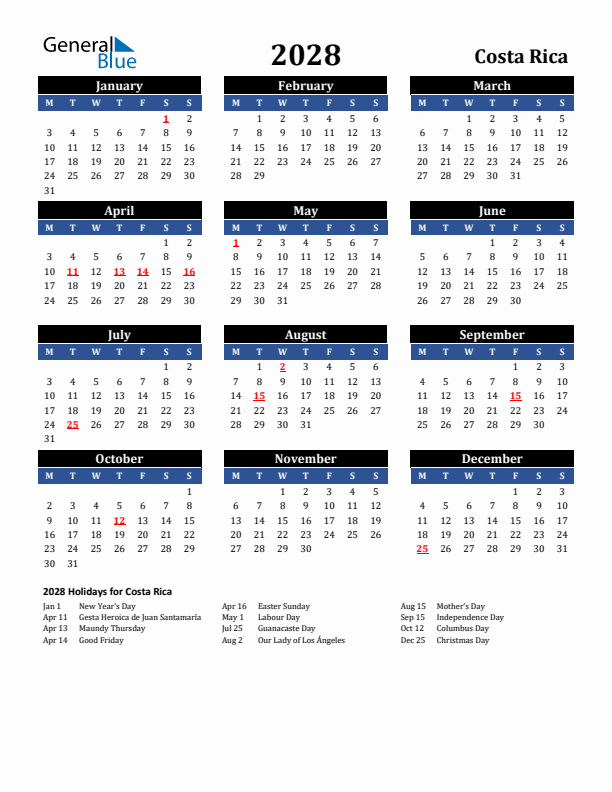 2028 Costa Rica Holiday Calendar