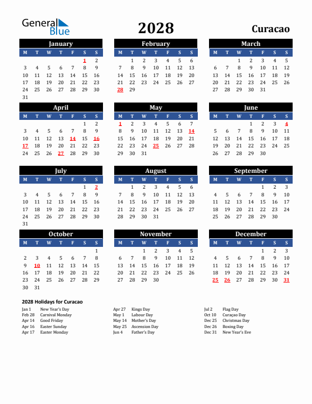 2028 Curacao Holiday Calendar