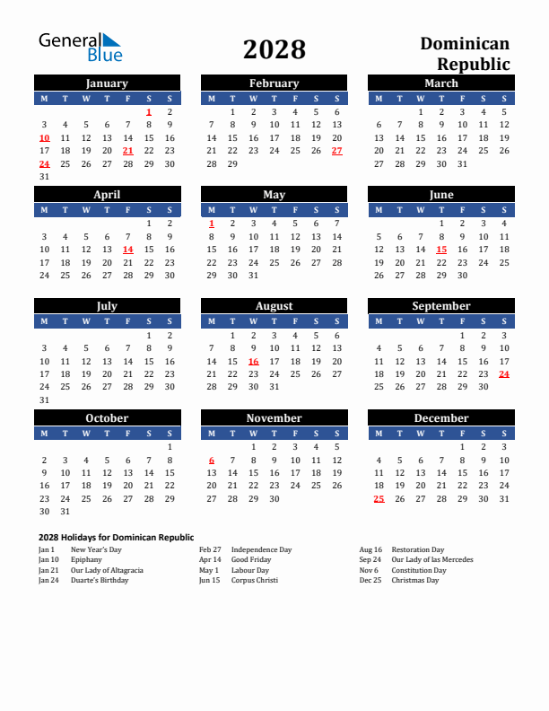 2028 Dominican Republic Holiday Calendar