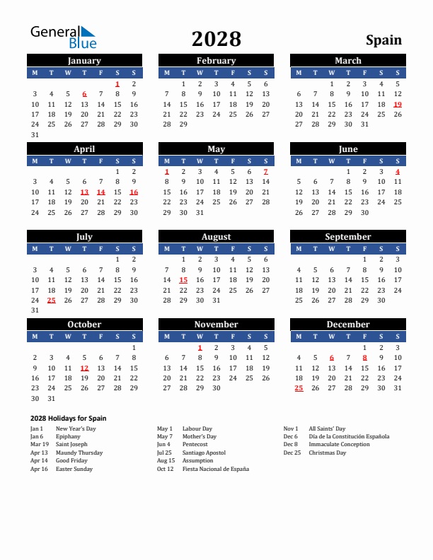 2028 Spain Holiday Calendar