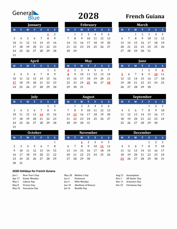 2028 French Guiana Holiday Calendar