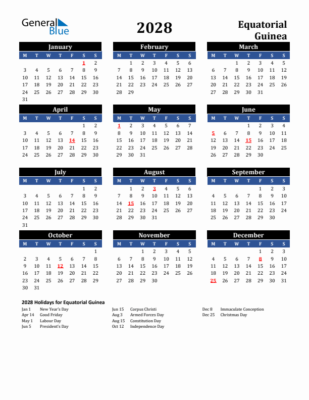 2028 Equatorial Guinea Holiday Calendar