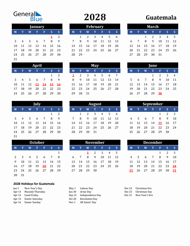 2028 Guatemala Holiday Calendar