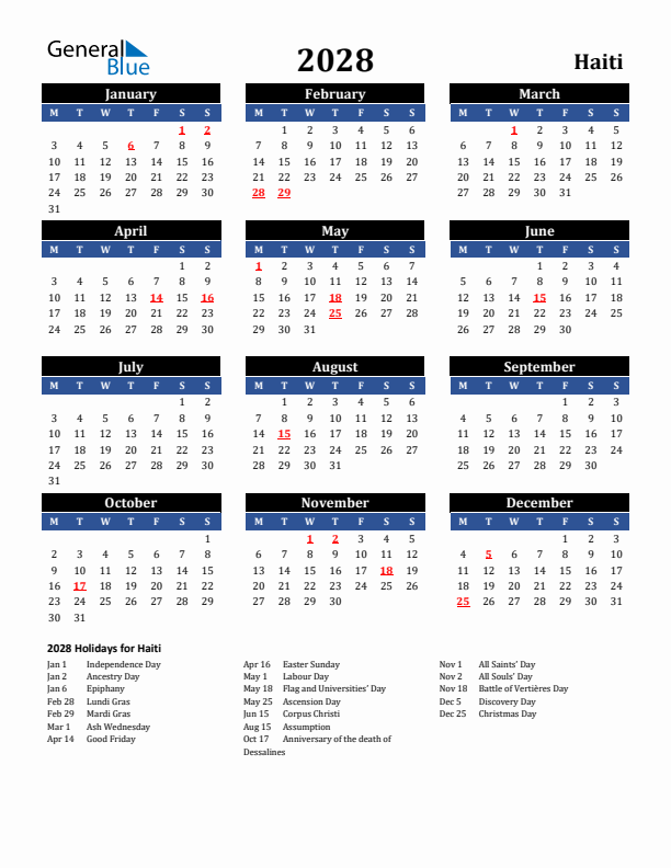 2028 Haiti Holiday Calendar