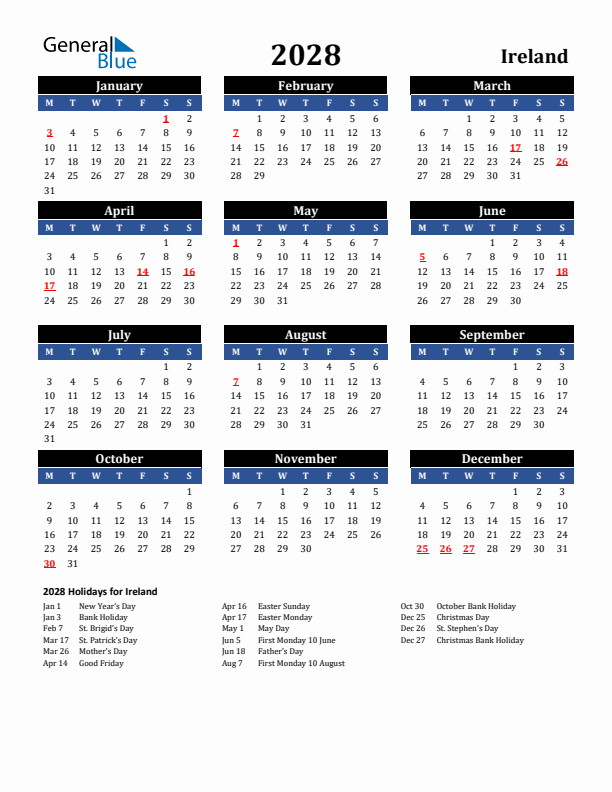 2028 Ireland Holiday Calendar