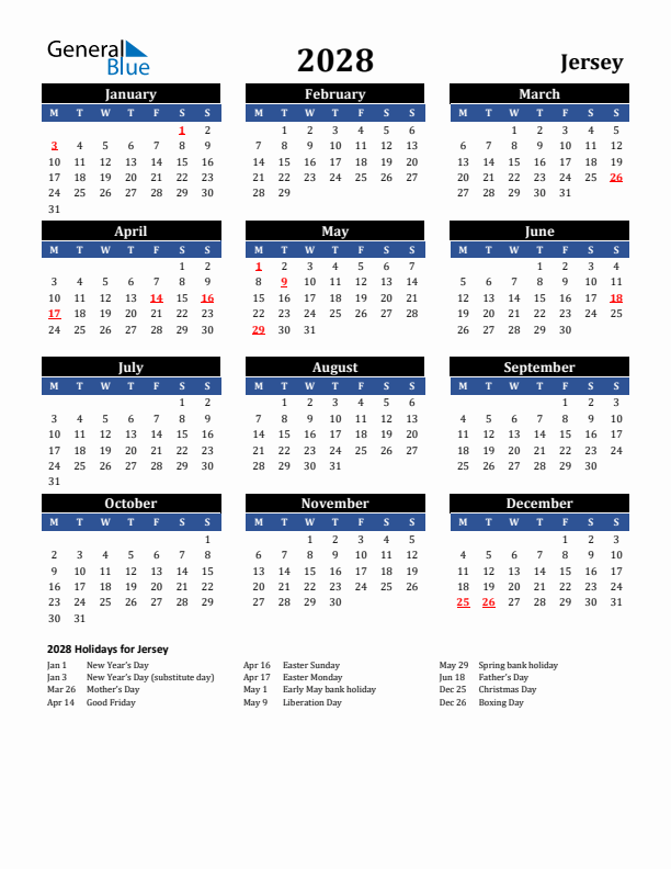 2028 Jersey Holiday Calendar
