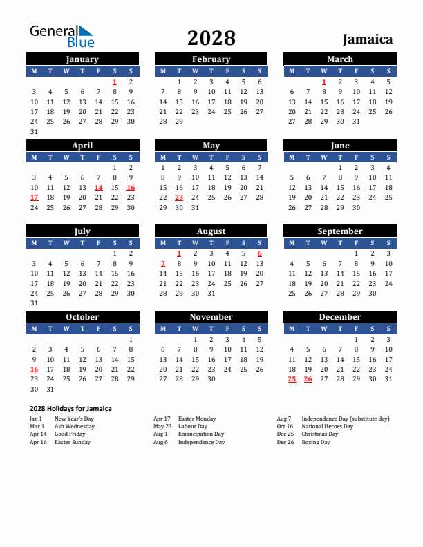2028 Jamaica Holiday Calendar