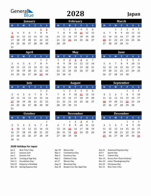 2028 Japan Holiday Calendar