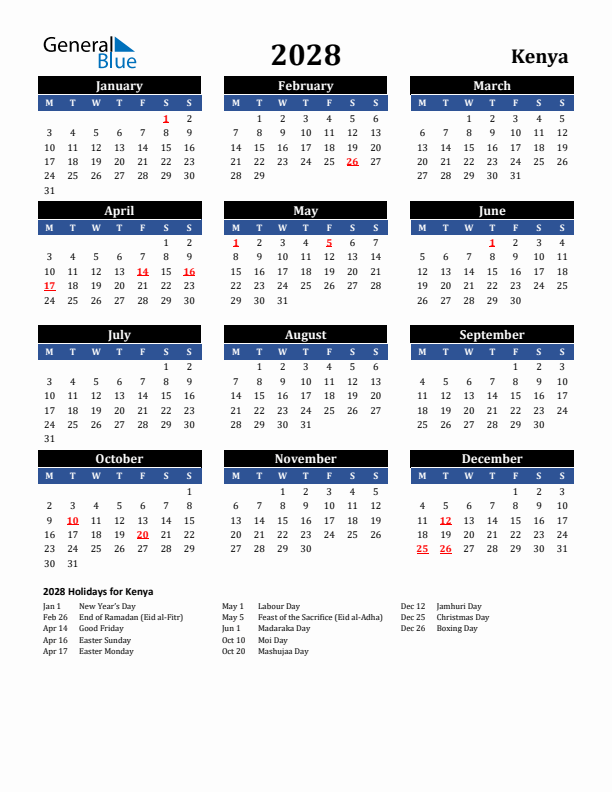 2028 Kenya Holiday Calendar