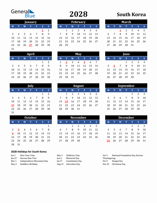 2028 South Korea Holiday Calendar