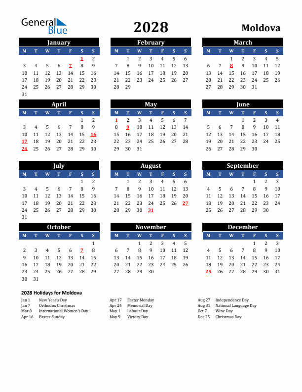 2028 Moldova Holiday Calendar