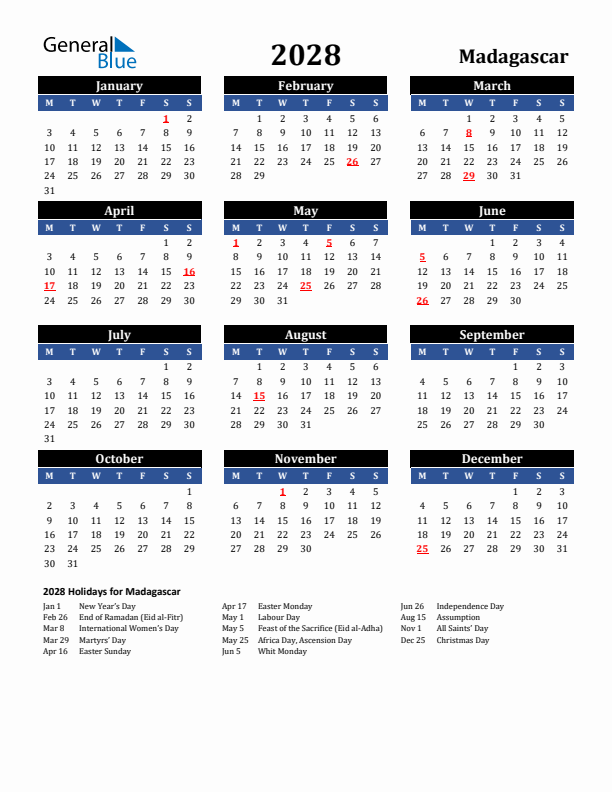 2028 Holiday Calendar for Madagascar - Monday Start