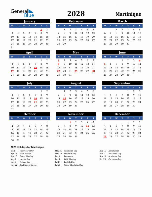2028 Martinique Holiday Calendar