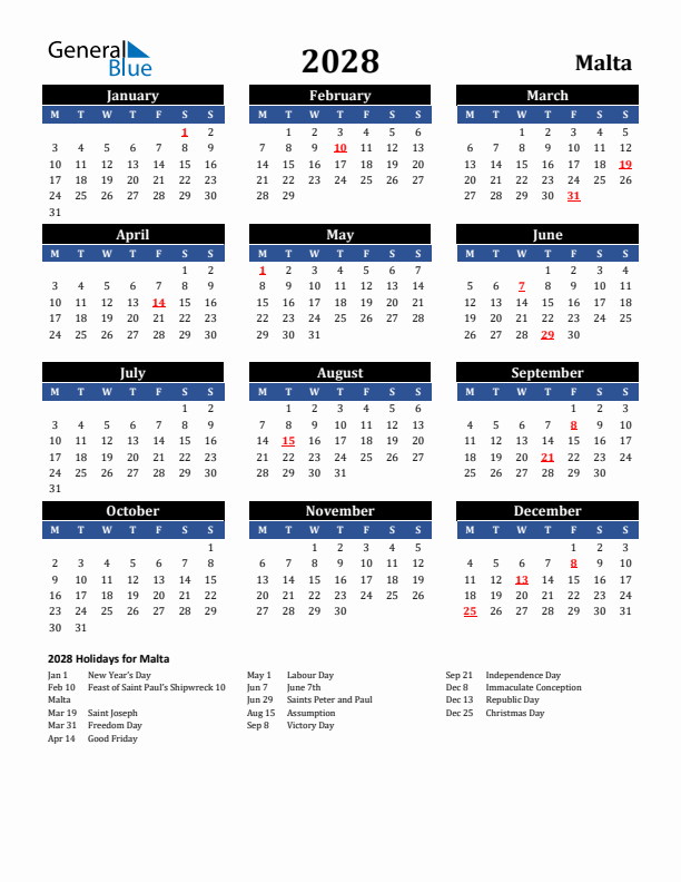 2028 Malta Holiday Calendar