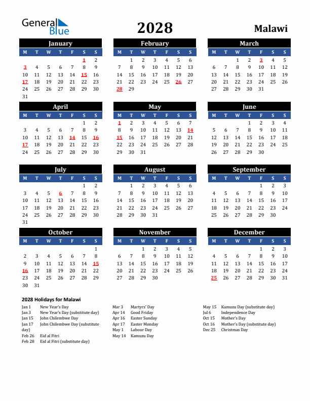 2028 Malawi Holiday Calendar