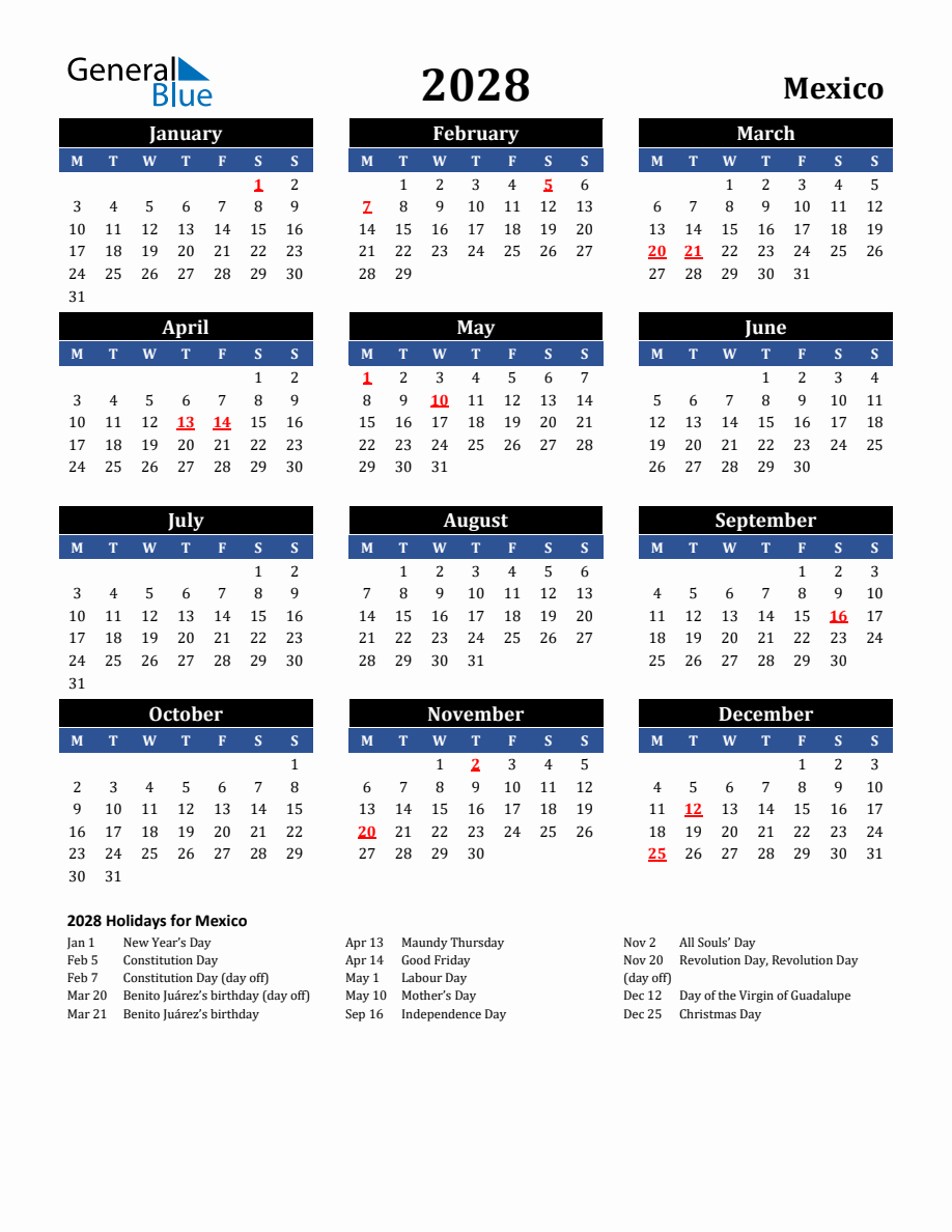 2028 Mexico Holiday Calendar