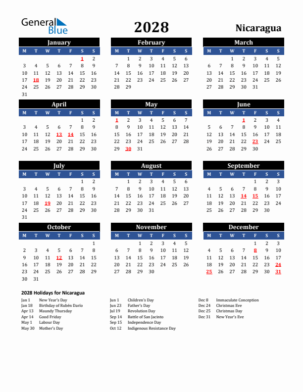 2028 Nicaragua Holiday Calendar