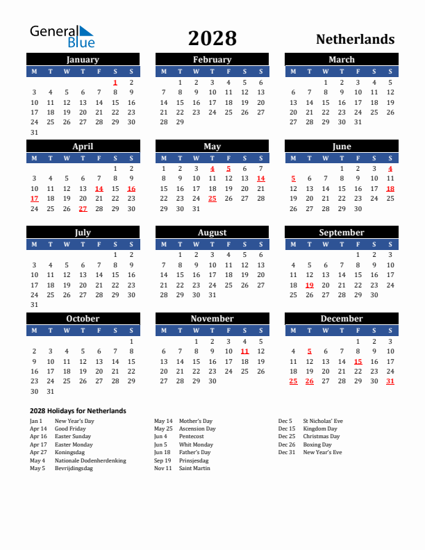2028 The Netherlands Holiday Calendar