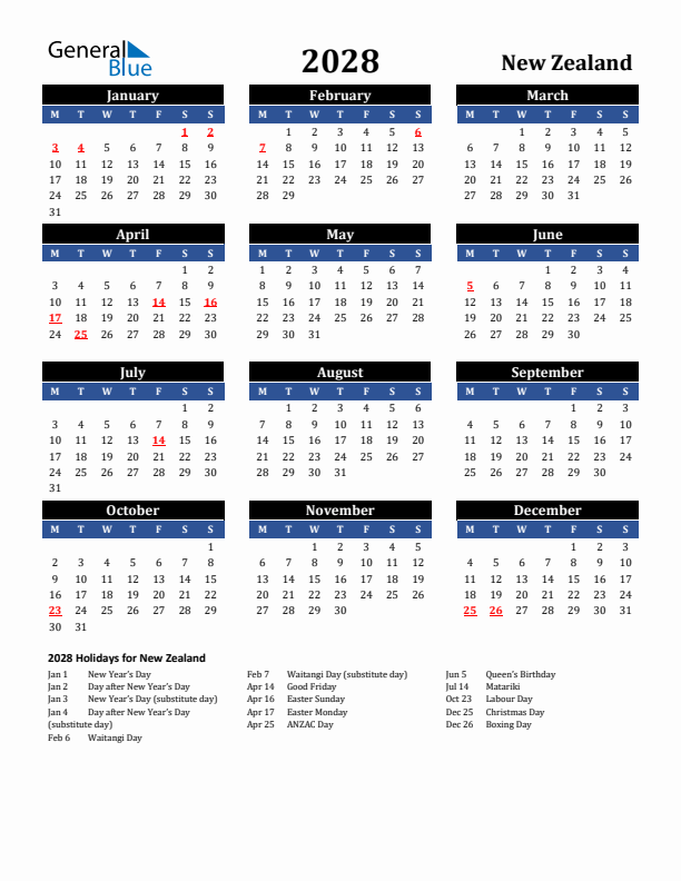 2028 New Zealand Holiday Calendar
