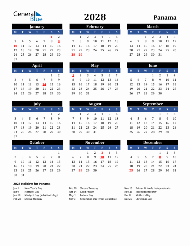 2028 Panama Holiday Calendar