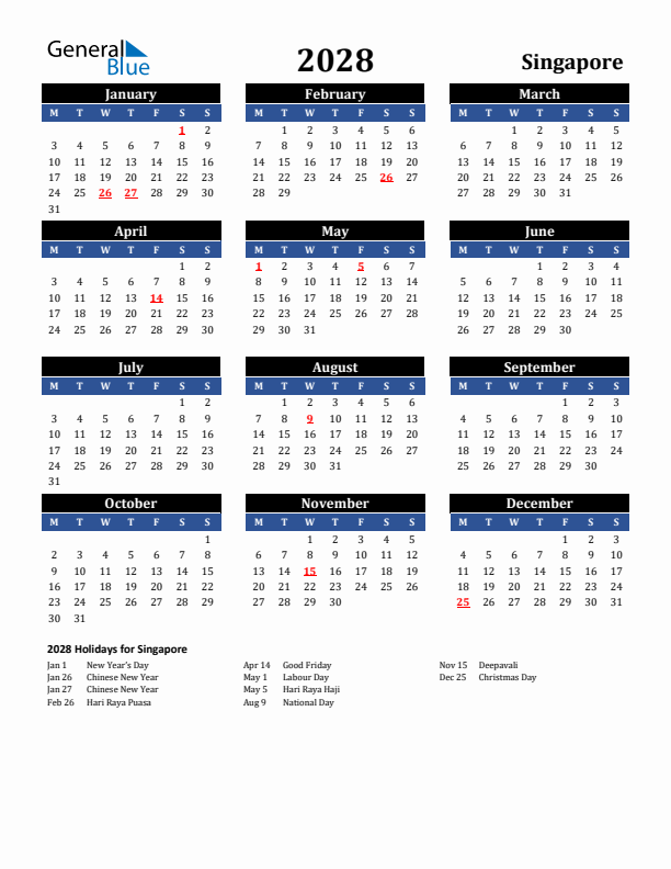 2028 Singapore Holiday Calendar