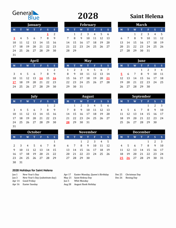 2028 Saint Helena Holiday Calendar