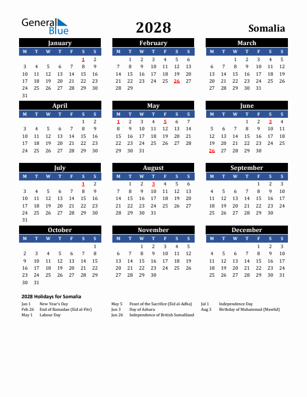 2028 Somalia Holiday Calendar
