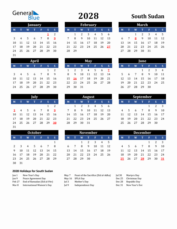 2028 South Sudan Holiday Calendar