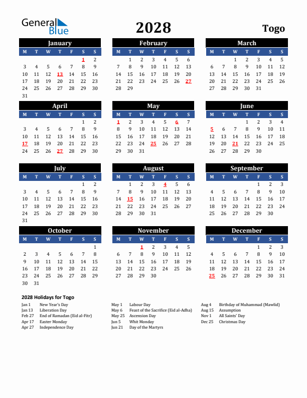 2028 Togo Holiday Calendar