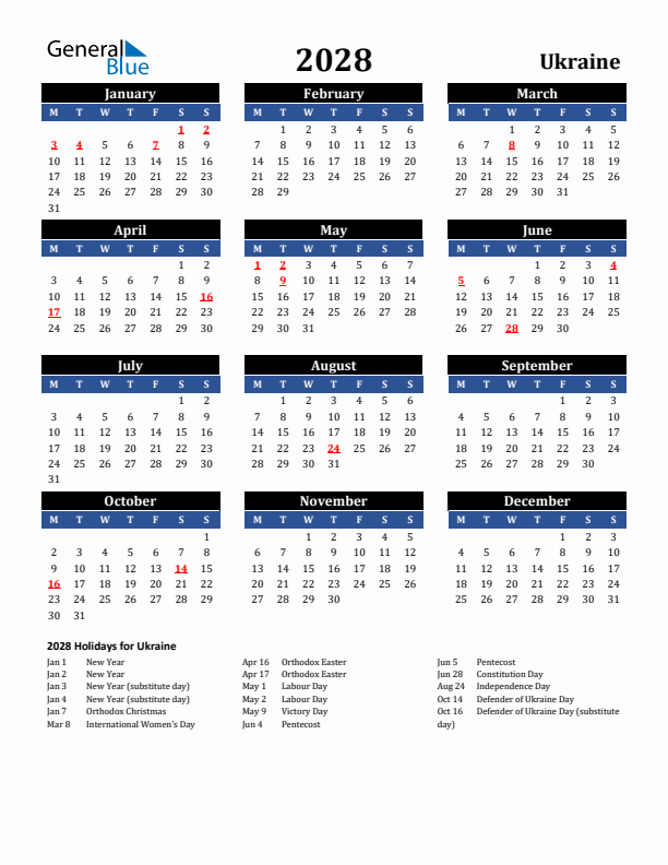 2028 Ukraine Holiday Calendar