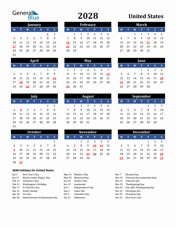 2028 United States Holiday Calendar