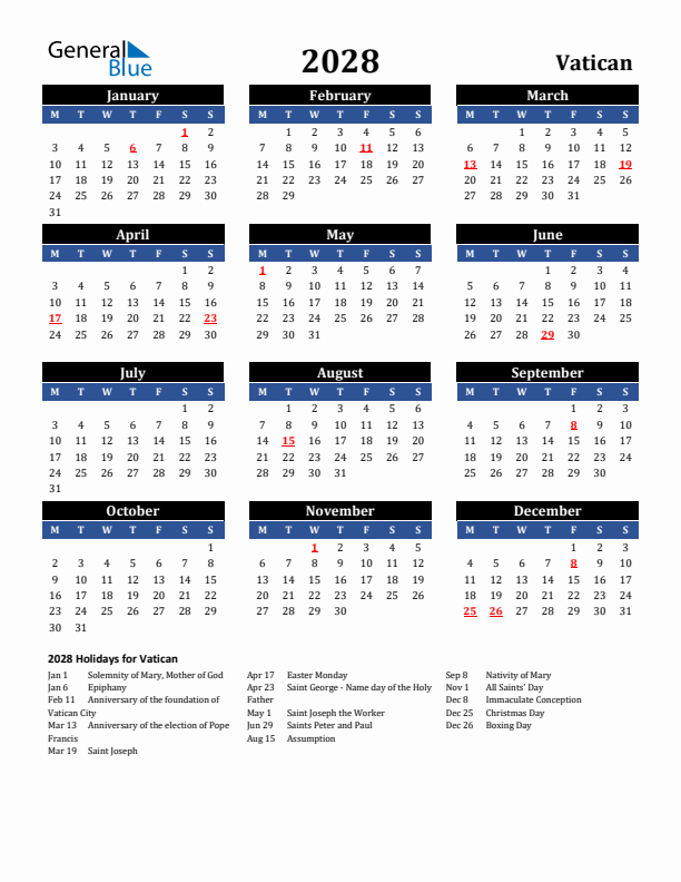 2028 Vatican Holiday Calendar