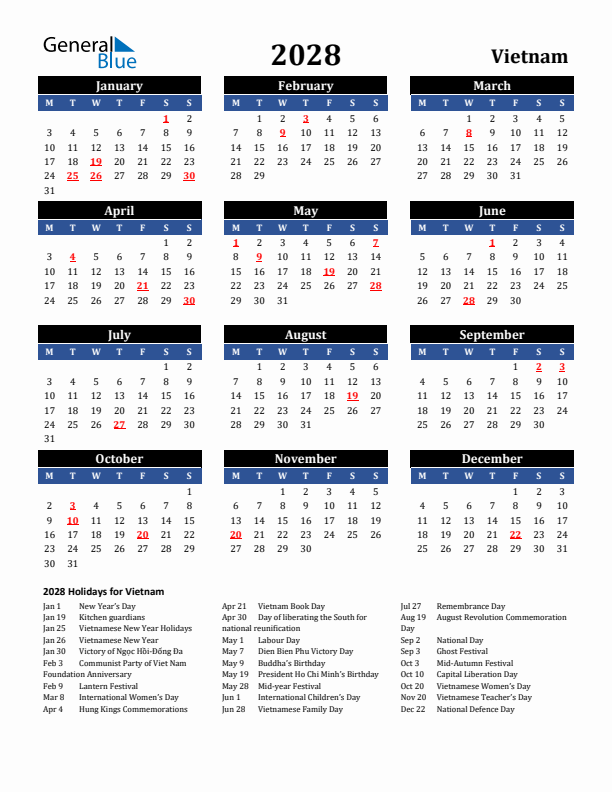 2028 Vietnam Holiday Calendar