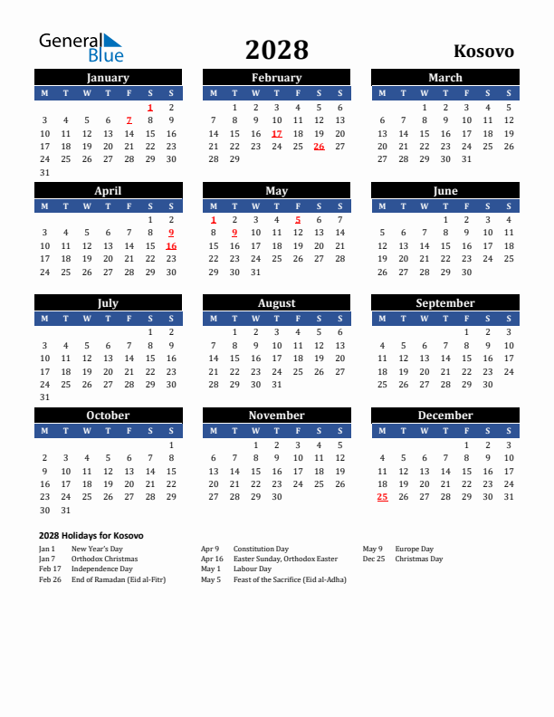 2028 Kosovo Holiday Calendar