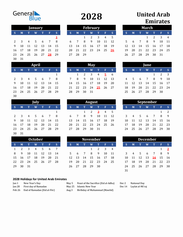 2028 United Arab Emirates Holiday Calendar