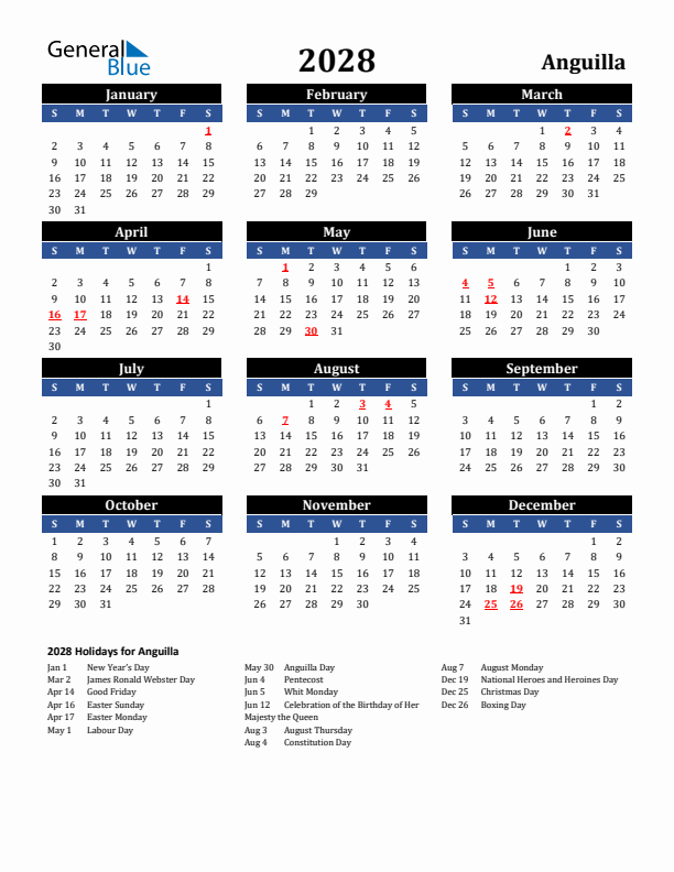 2028 Anguilla Holiday Calendar