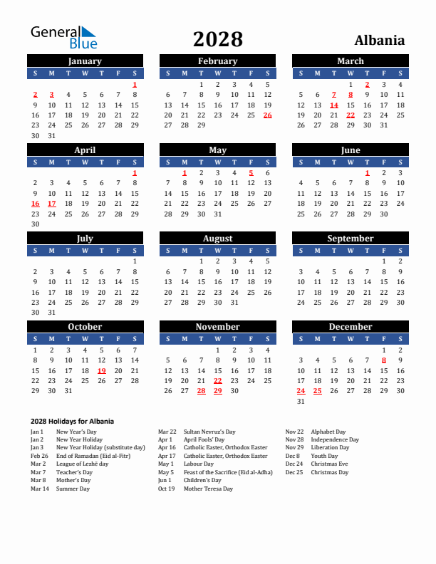 2028 Albania Holiday Calendar