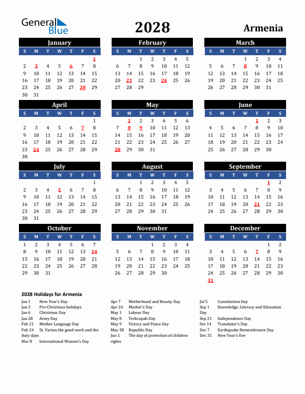 2028 Armenia Holiday Calendar
