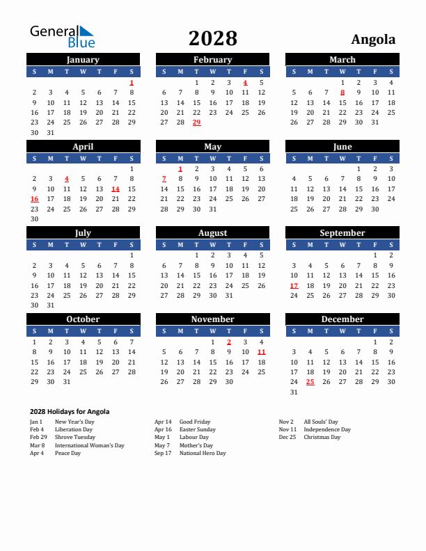 2028 Angola Holiday Calendar