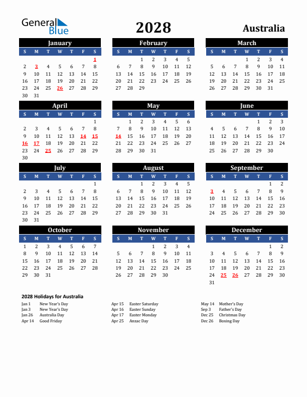 2028 Australia Holiday Calendar
